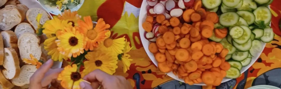 Een bord met wortel, radijs en komkommer op een kleurrijk tafelkleed